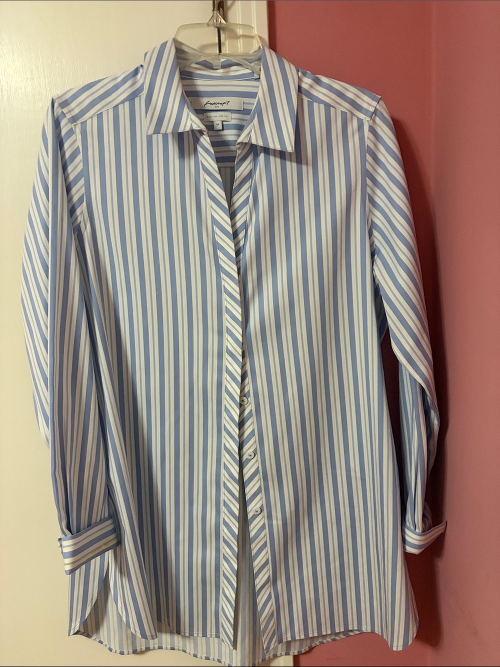 Foxcroft Blue and White Vertical Stripe Dress Shirt